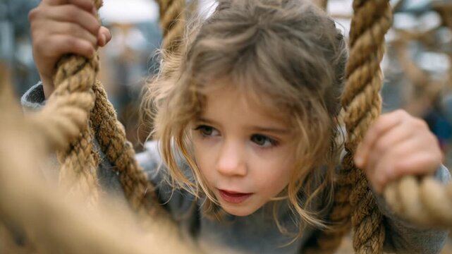 Cute girl with blonde curly hair looking down while playing on a rope climbing frame at a playground
