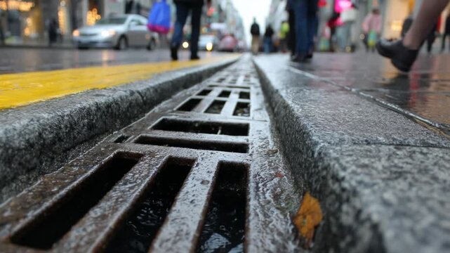 Low-angle view of rain flowing into a sewer grate with pedestrians walking in the background