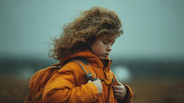 Little girl with curly hair blowing in the wind on a cold, moody day, wearing a backpack