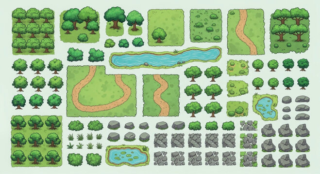 Top-down game assets for forest landscape, 2D map creator kit with trees and rocks, green nature environment vector set for mobile gaming