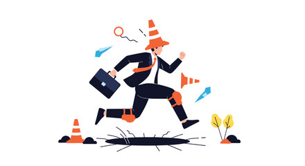 Fototapeta premium Businessman jumping over a deep hole and avoiding traffic cones representing risk management, overcoming obstacles, and safety in workplace.