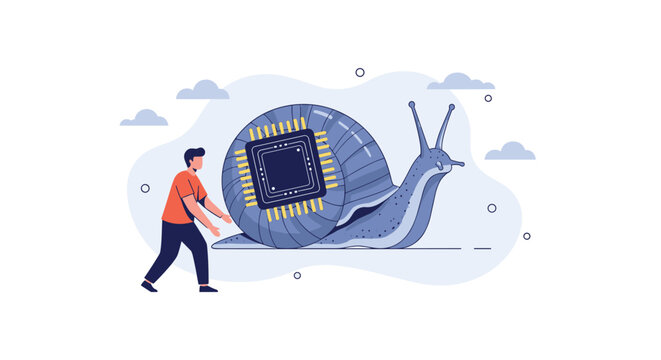 Man pushing a giant snail with a computer processor on its shell representing slow technology, hardware performance issues, and inefficiency.
