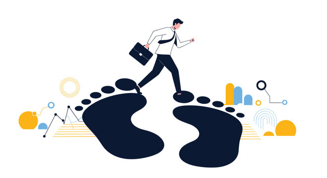 Man running on giant footprints with various financial charts in the background representing a career path, mentorship, and following steps.