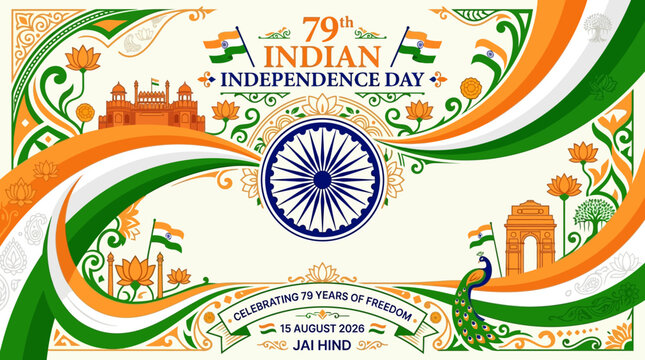 Grand illustration honoring India's Independence Day with iconic national landmarks, patriotic flag colors, and rich cultural symbols