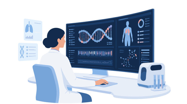 Scientist Analyzing Genetic Data On Large Monitor.