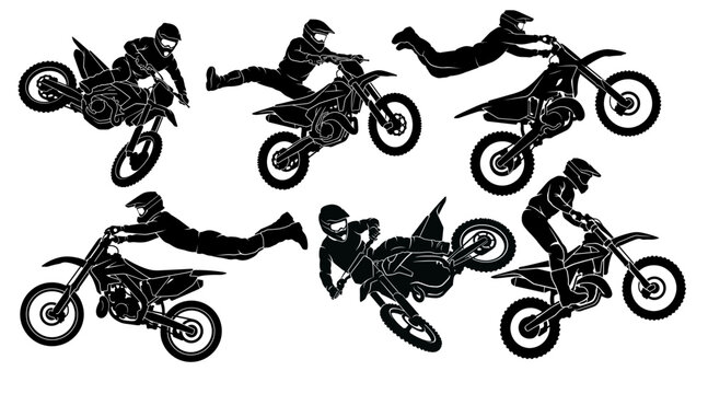 Motocross Rider Silhouette Set, Dirt Bike Racing, Stunt and Off Road Icons, black and white silhouettes, vector and freestyle illustrations of motocross, isolated on white background.