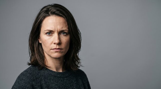 portrait of serious woman with neutral expression looking at camera on gray background