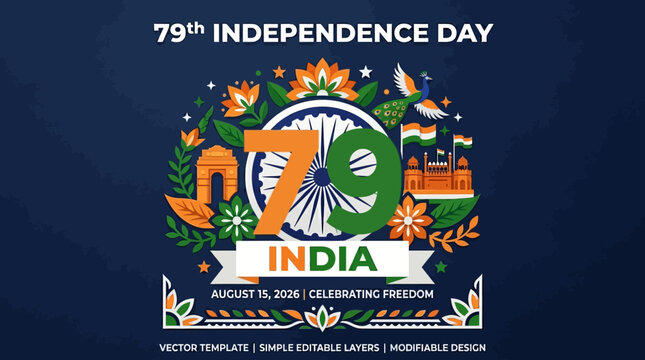Vibrant India Independence Day 79th Celebration Vector Template with Cultural Symbols and Festive Elements &ndash; A Modifiable Graphic Design for Patriotic Events