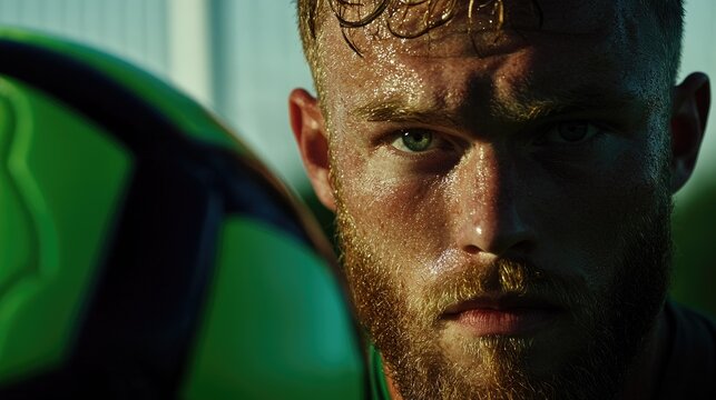 Intense  portrait captures a bearded athlete glistening with sweat beside a sports ball