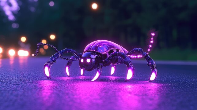 Mechanical insect creature glows with vibrant purple illumination on a dark roadway