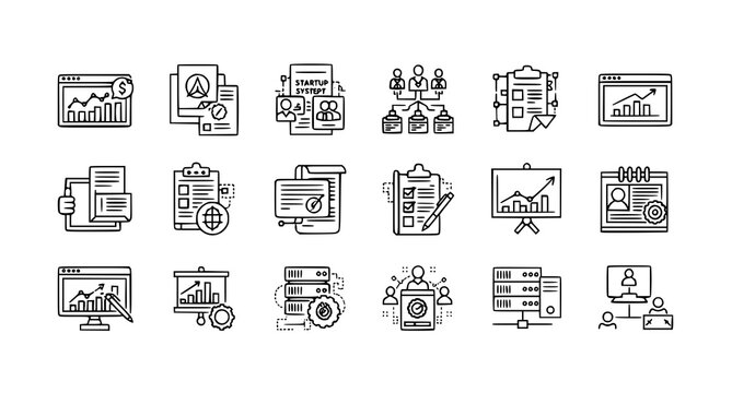 Business analysis and workflow linear icon collection with planning and server symbols