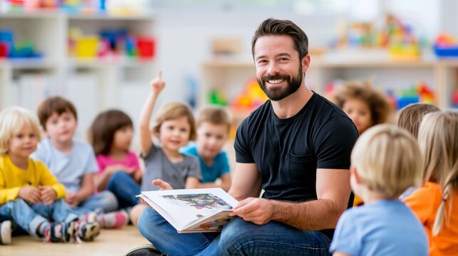 Male teacher reading book to diverse children