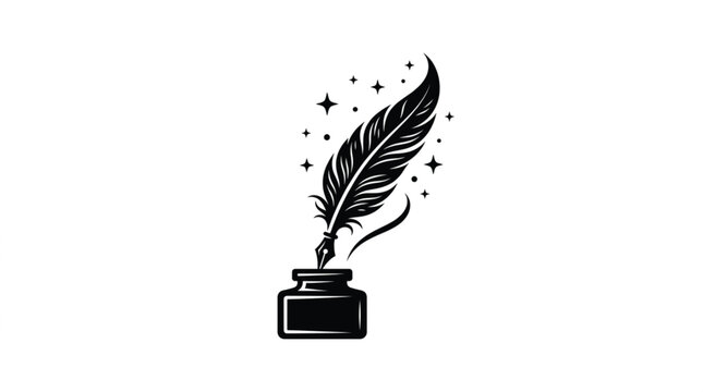 Quill pen in inkwell vector illustration with surrounding stars, elegant black-and-white design for writing, literature, stationery, and education icons
