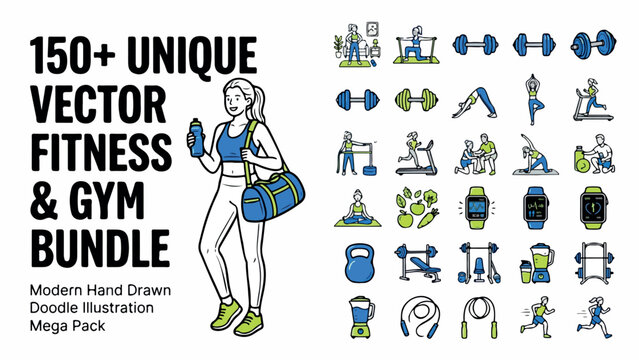 Modern fitness and gym vector bundle, 150 unique hand drawn doodle icons, workout equipment and healthy lifestyle mega pack for sports branding