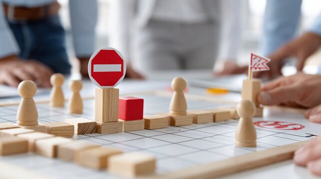 Business strategy game with wooden pawns, blocks, and stop sign simulating challenges on a board