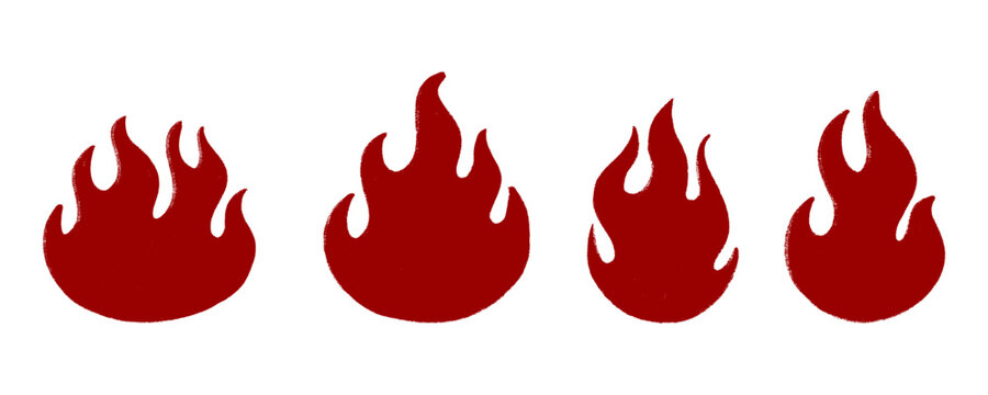 Set of four dark red fire flames with intense hand drawn gritty texture. Isolated clip art collection for extreme spicy food themes and bold graphic layouts.