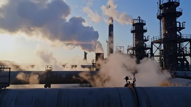 Wide refinery panorama with dense steam at sunrise, tall stacks and piping silhouette against glowing sky, cinematic industrial scene hinting at emissions monitoring and energy transition dialogue