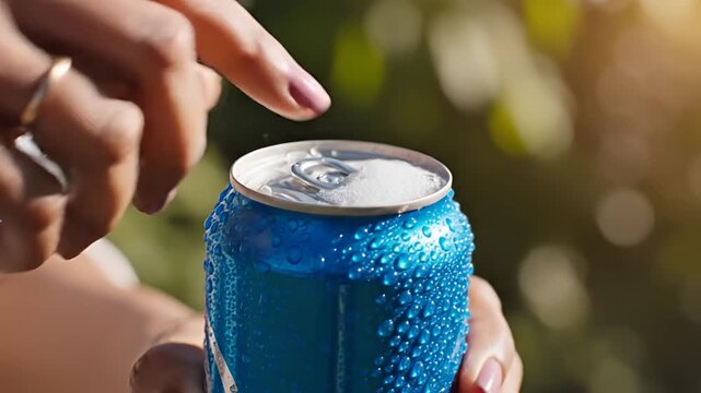 Closeup of hands opening a cold refreshing blue soda can with condensation.