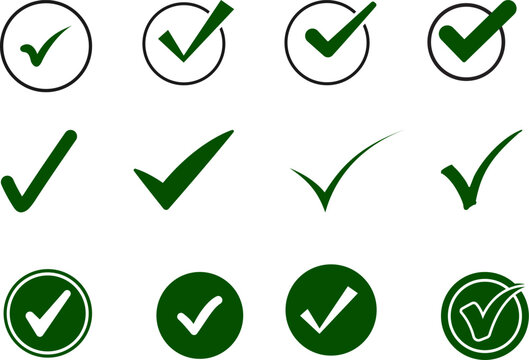 Complete vector collection of green check marks, ticks, and approved validation icons in circular frames. Excellent choice for checklist layouts, website UI designs, and task completion graphics.
