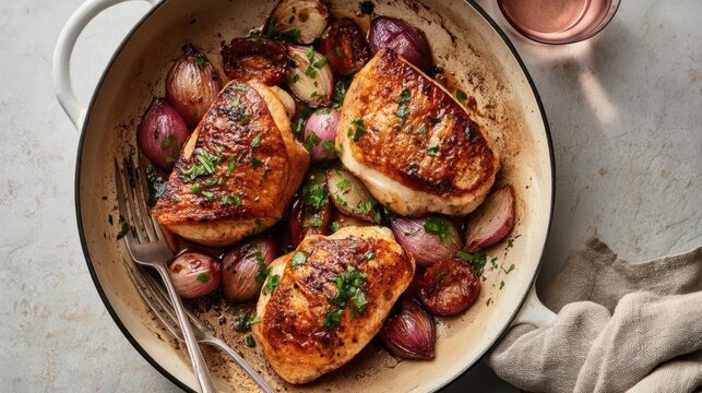 Pan seared chicken breasts with roasted shallots and baby potatoes in an enameled skillet for recipe background and restaurant dinner menu banner