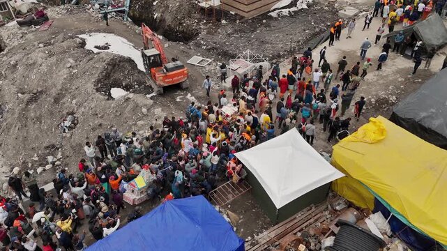 Kedarnath pilgrimage crowd carrying doli during Char Dham Yatra Uttarakhand India