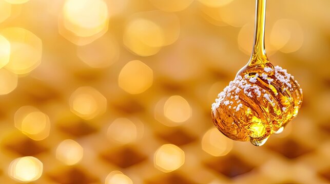 Viscous golden sweetener drips from a serving utensil over a blurred background of honeycomb structure
