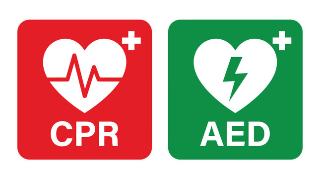 Two medical signs showing symbols for cardiopulmonary resuscitation and automated external defibrillator for emergency safety use