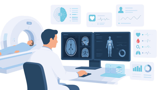 Doctor Analyzing MRI Scans In Radiology Suite.