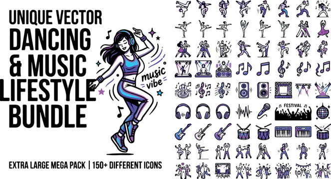 Unique vector dancing and music lifestyle bundle, mega pack with 150 plus different icons, purple and black musical hobby elements for creative design