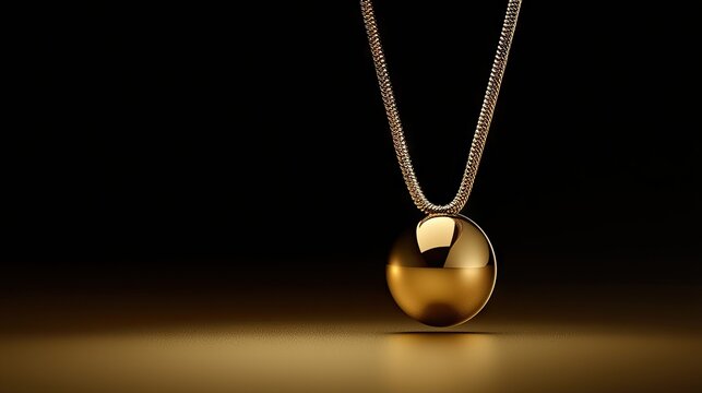 Polished golden sphere pendant hangs from a delicate metallic chain against a dark background