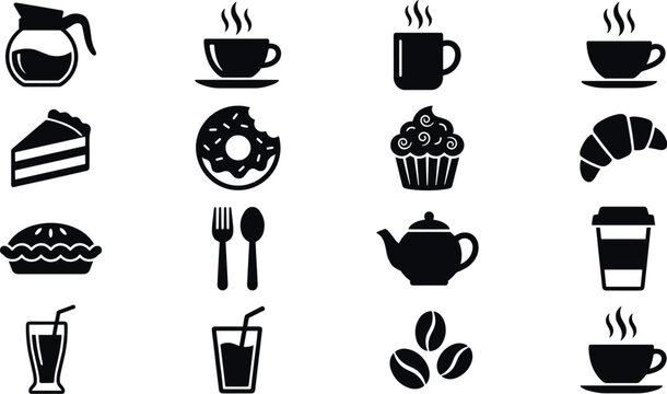 Collection of coffee shop and bakery vector icons featuring hot drinks donut cupcake croissant pie cake teapot takeaway cup and desserts