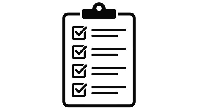 A simple black and white illustration of a clipboard showing a completed project task list