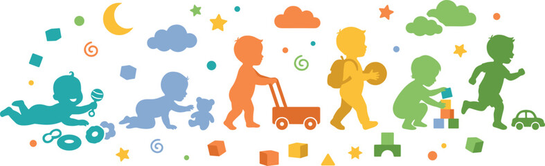 Minimalist colorful silhouettes of babies growing up showcasing milestone behaviors playing with blocks crawling standing and walking with toy cart © MSTNAJMA