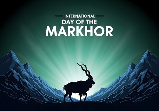 International Day of the Markhor banner with mountain goat silhouette and sunburst over peaks