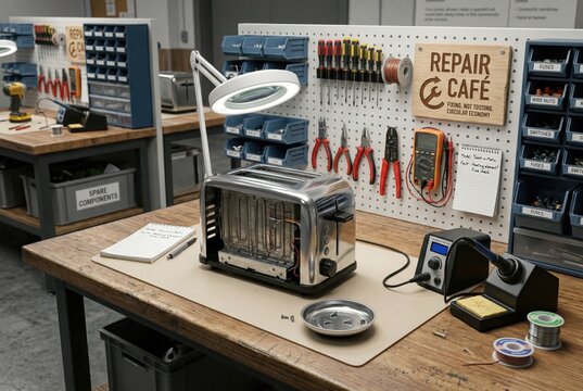 Broken toaster on repair cafe workbench with hand tools and soldering iron