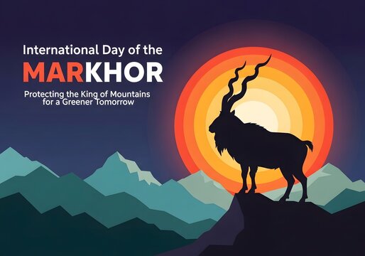 International Day of the Markhor banner with mountain goat silhouette and sunset over peaks