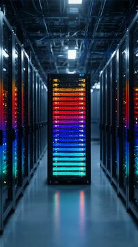 Automated server facility center featuring a digital heat map overlay flickering across rows of high tech black server racks in a modern data center infrastructure room.