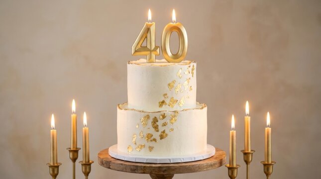 birthday cake with gold candles 40th birthday fortieth 40 forty neutral background gold number lit candles 
