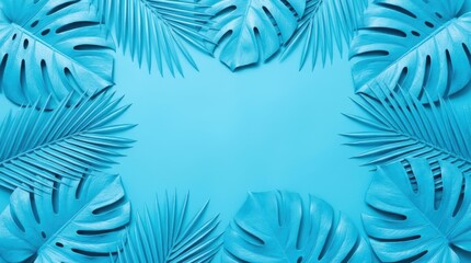 Naklejka premium Blue tropical palm and monstera leaves frame on blue background