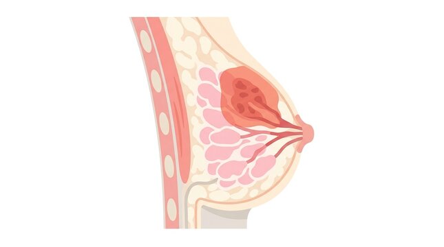 This illustration displays breast tissue with inflammation related to mastitis during postpartum recovery for educational purposes.