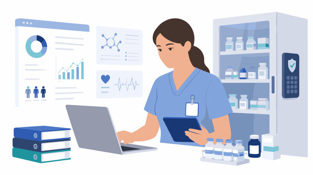 Medical Professional Working at Laptop Desk in Clinic.