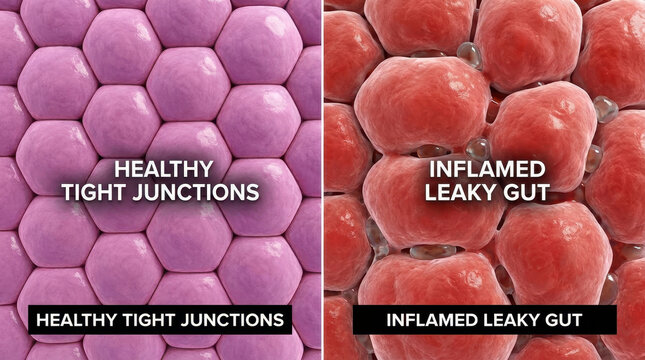 Healthy gut vs inflamed gut shows difference between healthy tight junctions and inflamed leaky gut with ibs symptoms clearly visible in comparison