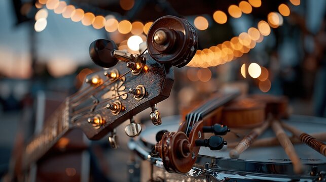 Close-up of Stringed Instruments and Drums with Festive Bokeh Lights