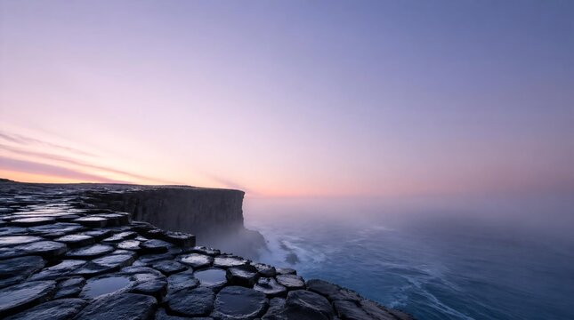 A low angle view of a jagged basalt cliff edge overlooking the mist covered ocean at dawn, showing the dramatic and ethereal beauty of the volcanic rock formations along a remote coastal landscape.