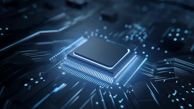 Glowing quantum chip dark circuit board with blue light effects symbolizing advanced technology artificial intelligence innovation futuristic AI