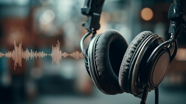 Headphone audio soundwave music technology close up earphone black sound device studio equipment wireless digital noise listening immersive experience