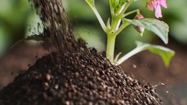 Close-up of soil being added to a young flowering plant