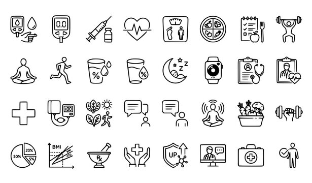 Health and wellness line icon set with diabetes fitness diet and medical care vector collection