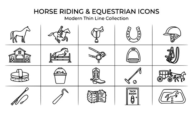 Horse riding line icon set with equestrian saddle rider and horseshoe vector collection