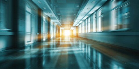 Fototapeta premium Blurry futuristic office corridor with bright light at the end, motion blur effect